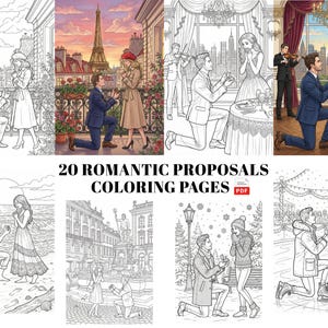 Puede incluir: Una colección de 20 páginas para colorear de propuestas románticas. Las ilustraciones muestran parejas en varios escenarios, incluyendo París, Nueva York y patinando sobre hielo, con el hombre arrodillado para proponer. El título está en negrita, en negro.