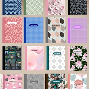 May include: A collection of sixteen notebooks with various cover designs. The covers feature patterns such as floral, geometric, and abstract designs in colors like blue, pink, green, and black. Each notebook has the word "notebook" printed on the cover.