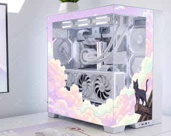 Cozy Pastel Cloud PC Case Skin - Black Cat Anime Gaming Desk Decor - Custom Fit For ANY PC - Reusable Kawaii Static Cling Decal Glass Wrap
