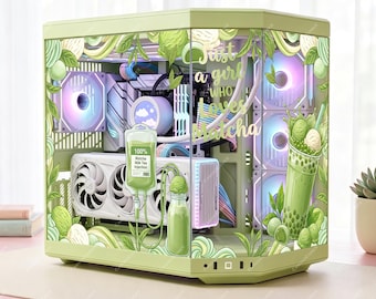Kawaii Matcha Boba PC Case Skin - Custom Fit For Any PC - Cozy Gamer Setup Decor - Adhesive-Free Reusable Decal Wrap - PC Skin