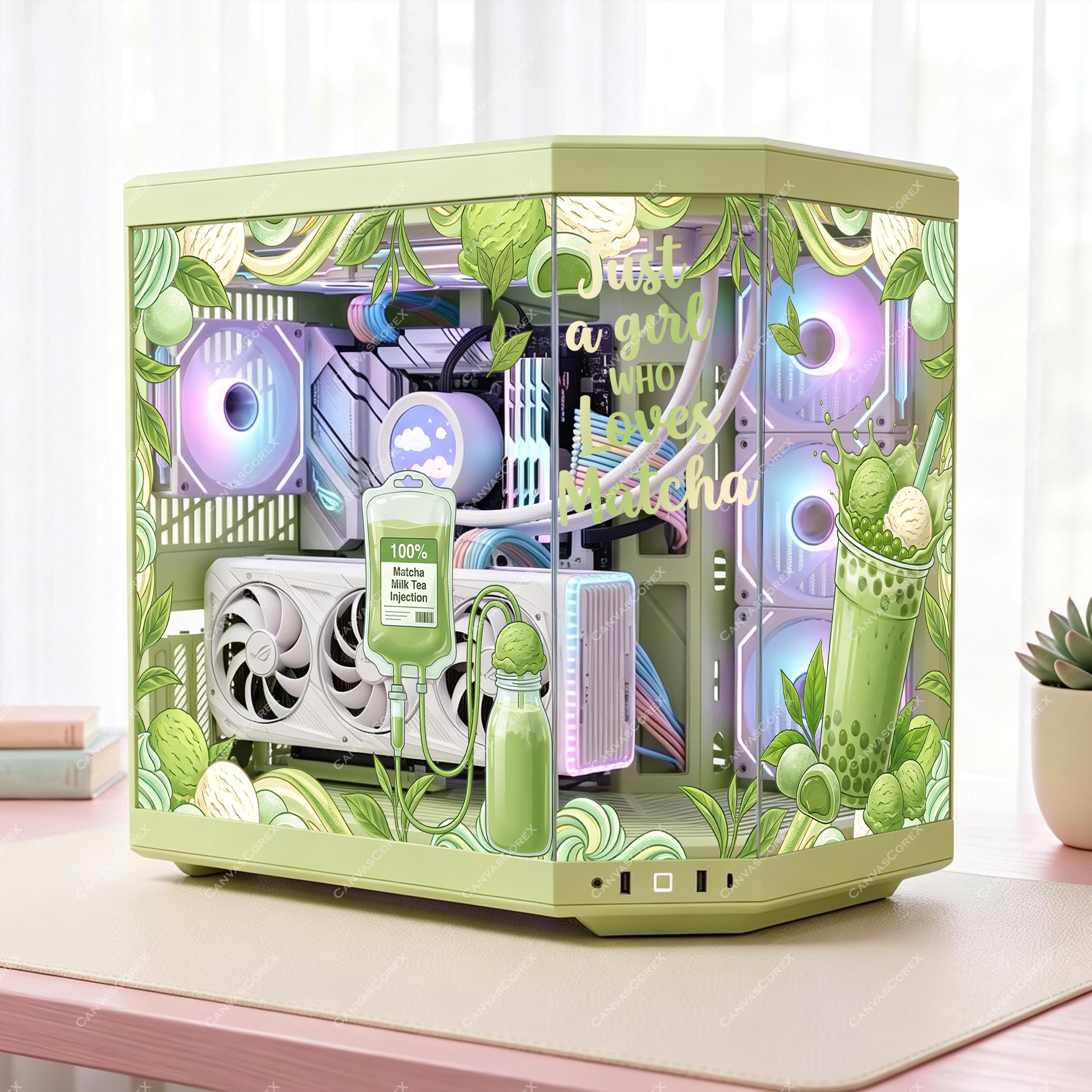 Kawaii Matcha Boba PC Case Skin - Custom Fit For Any PC - Cozy Gamer Setup Decor - Adhesive-Free Reusable Decal Wrap - PC Skin