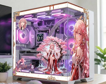 Yae Miko PC Case Skin – Anime Glass Panel Cling, Sakura Pink Gaming Setup Decor, Genshin Inspired PC Wrap, Waifu Desk Aesthetic