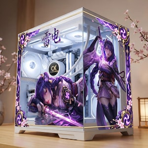 May include: A white computer case with a glass panel featuring a purple anime-style illustration of a woman with long hair and a sword. The case has internal components visible, with the Japanese characters for "lightning" at the top.
