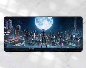Cyberpunk Anime Desk Mat, Futuristic Night City Mousepad, Sci-Fi Giant Moon Deskpad, Neon Aesthetic XL Gaming Mat, Premium 4mm Thick