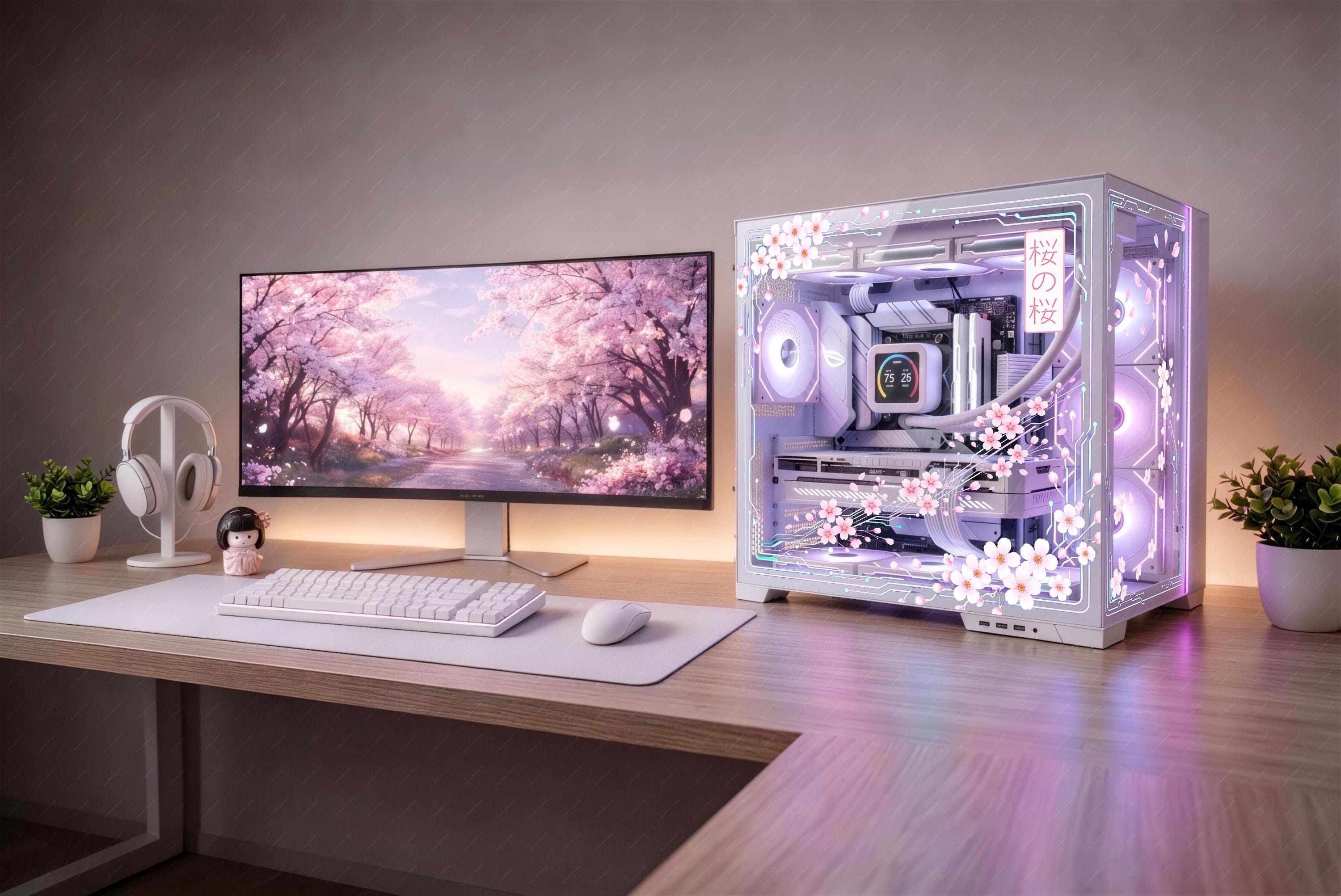 Cyber Sakura PC Case Skin | Cherry Blossom Static Cling for Glass