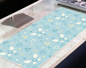 Pastel Retro Adventure Desk Mat, Cute Fairy Companion Mousepad, Pixel Heart Kawaii Deskpad, Light Blue Cozy Gaming XL Mat, 4mm Thick