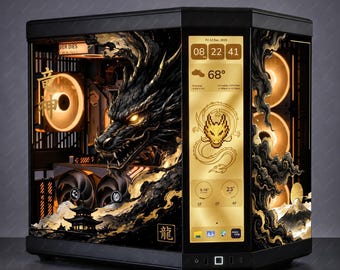 Black & Gold Japanese Dragon PC Case Skin - Custom Fit For ANY PC - Mount Fuji Gaming Setup Decor - Reusable Static Cling Decal Glass Wrap