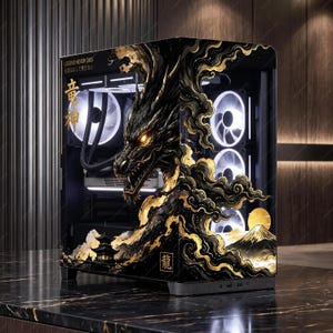 May include: A black computer tower case featuring a large, detailed gold and black dragon illustration, stylized clouds, a mountain, and a pagoda. The text "LEGEND NEVER DIES" and Japanese characters are printed on the side panel, with internal white LED fans visible.