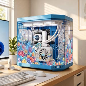 May include: A blue computer tower case featuring a glass front and side panel decorated with a vibrant coral reef graphic. Inside, white internal components are visible, including a liquid cooling system with a display showing the number 223.