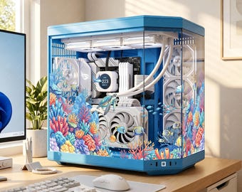 Ocean Aquarium PC Case Skin - Custom Fit For Any PC - Coral Reef & Sea Turtle Gaming Setup Decor - Adhesive-Free Reusable PC Skin Wrap