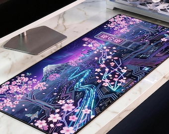Cyberpunk Sakura Desk Mat, Neon Cherry Blossom Gaming Mousepad, Japanese Aesthetic XL Deskpad, Fuji Synthwave Mat