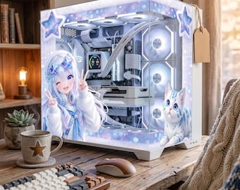 Kawaii Star Anime Girl PC Case Skin - Custom Fit For ANY PC - Cute Crystal Cat Gaming Setup Decor - Adhesive-Free Reusable Decal Wrap