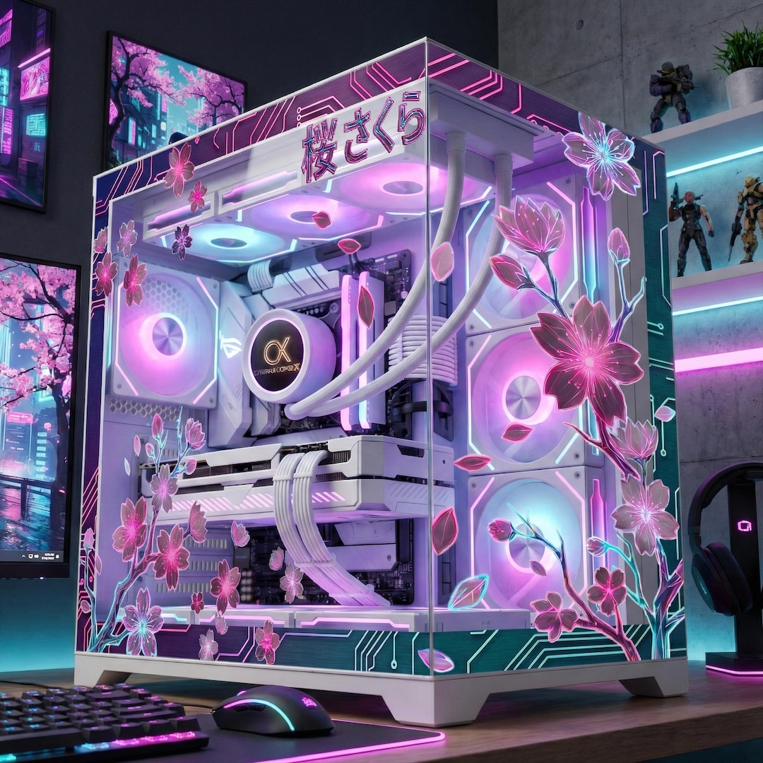 Neon Sakura PC Case Glass Skin | Cherry Blossom Static Cling for Glass ...