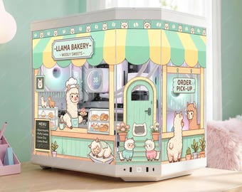 Kawaii Llama Bakery PC Case Skin - Custom Fit For ANY PC - Cozy Pastel Gaming Setup Decor - Adhesive-Free Reusable Decal - Cute Animal Wrap