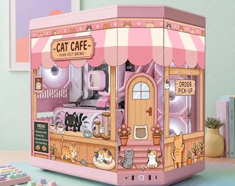 Cat Cafe PC-Hülle Glashaut - Kawaii Pink "Purr-fectbreys" für Hyte Y70 & Custom Cases - Hochwertiger Aufkleber - Anime-Gaming-Ästhetik