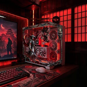 Pode incluir: Uma caixa de computador personalizada com tema de samurai japonês. A caixa apresenta uma figura de samurai detalhada, designs intrincados e iluminação LED vermelha. A configuração inclui um teclado, um rato e um monitor exibindo uma cena de samurai correspondente.