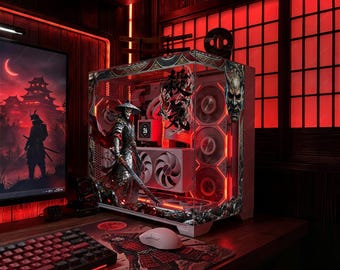 Dark Samurai PC Case Skin - Custom Fit For ANY PC - Oni Mask Japanese Aesthetic Gaming Decor - Reusable Static Cling Decal - Blood Red Wrap