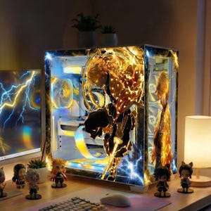 Puede incluir: Una carcasa de ordenador personalizada con un diseño de anime. La carcasa presenta una ilustración detallada de un personaje con detalles dorados y negros, iluminada por iluminación interna y acentuada con rayos azules.