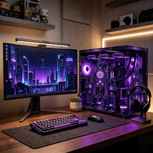 Vinilo decorativo para PC con diseño de catedral gótica / Vinilo de vidrio templado con vidrieras moradas / Adhesivo removible para PC / Modificación de configuración de juego personalizada