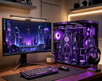 Gothic Cathedral PC Case Skin | Purple Stained Glass Tempered Glass Vinyl Wrap | Removable No Adhesive PC Decal | Custom Gamer Setup Mod