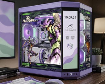 Evangelion Unit-01 PC Case Skin - EVA-01 Mecha Anime Static Cling Decal for Hyte Y70 Y60 Lian Li O11 - Purple & Green Gaming PC Decor