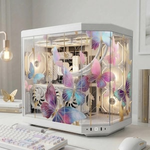 Puede incluir: Una caja de ordenador blanca con paneles de vidrio, adornada con calcomanías de mariposas de colores. La caja está sobre un escritorio blanco con un teclado y un ratón a juego. Las mariposas son de color rosa, morado y azul.