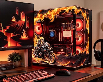 Flaming Skull Biker PC Case Skin - Custom Fit For All PC - Fire Motorcycle Gaming Setup Decor - Adhesive-Free Reusable Decal - PC Skin