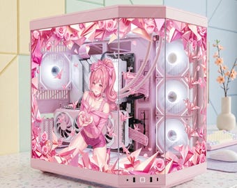 Kawaii Pink Origami Girl PC Skin - Custom Fit For ANY PC case - Gamer Girl Desk Decor - Adhesive-Free Reusable Decal - Origami Crane Wrap