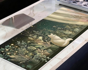 Cozy Cat and Plant Desk Mat, Botanical Night Sky Mousepad, Fairy Light XL Deskpad, Cottagecore Desk Decor, 4mm Thick White Edge Mat