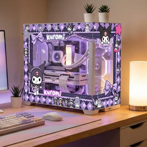 May include: A custom computer case featuring a purple and white Kuromi design. The case has a clear side panel, showcasing internal components with white and purple lighting. The design includes Kuromi character illustrations and the word "Kuromi".
