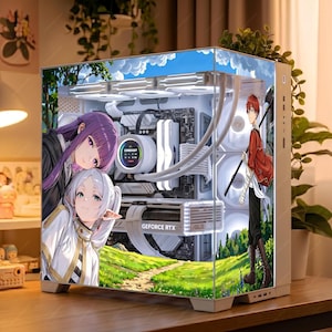 May include: A white computer case with a clear side panel, featuring anime-style artwork of characters and a landscape. The case houses internal components, including a graphics card with "GEFORCE RTX" branding and a liquid cooler.