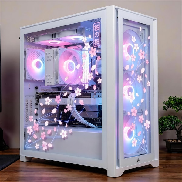 Cyber Sakura pc-hoes skin | Kersenbloesem statisch vastklampen voor glazen paneel | Decor anime game-opstelling | Aangepaste formaten