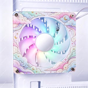May include: A square computer cooling fan featuring a pastel-colored frame decorated with illustrations of clouds, crescent moons, and small hearts. The fan blades are illuminated with a soft, multi-colored gradient light effect, secured by four silver screws.