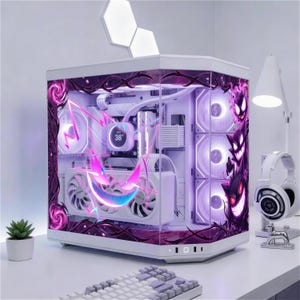 May include: A white computer case with a transparent side panel, showcasing internal components illuminated with purple and white lights. The case features a purple graphic design and a temperature display reading 38 degrees. A keyboard and headphones are visible.