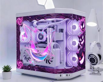 Ghost Anime Monster PC Case Skin - Custom Fit For ANY PC - Neon Purple Gaming Setup Decor - Reusable Static Cling Decal - Spooky Glass Wrap