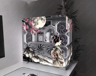 Japanese Geisha PC Case Skin | Cherry Blossom Tempered Glass Vinyl Wrap | Removable No Adhesive Decal | Custom PC Mod Gamer Setup