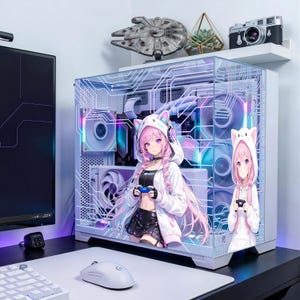 May include: A white computer case with a glass side panel featuring a printed circuit board pattern and two anime-style characters with pink hair and cat-ear hoodies. The interior contains cooling fans with integrated RGB lighting and white components.