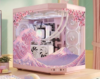 Pastel Great Wave PC Case Skin - Custom Fit For ANY PC Skin - Mount Fuji Cherry Blossom Gaming Setup Decor - Adhesive-Free Reusable Decal