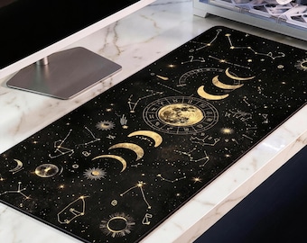 Gold Moon Phase Desk Mat, Celestial Astrology XL Mousepad, Zodiac Wheel Gaming Mat, Dark Academia Deskpad, 4mm Thick, Free US Shipping