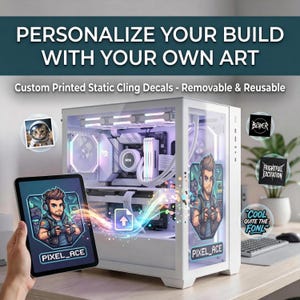 May include: A white computer case with custom printed static cling decals. The decals feature pixel art and the text "PIXEL_ACE". The image also shows a tablet displaying pixel art and the text "PERSONALIZE YOUR BUILD WITH YOUR OWN ART".