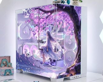 Ethereal Anime Girl PC Case Skin - Custom Fit For All PC - Purple Blossom Tree Gaming Setup Decor - Adhesive-Free Reusable PC Skin Wrap