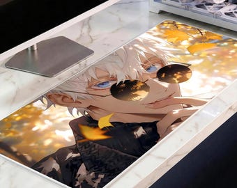 Autumn Gojo Desk Mat, Casual Anime Boy Mousepad, Golden Fall Leaves XL Deskpad, Blue Eyes Sorcerer Gaming Mat, 4mm Thick Pad