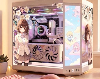 Anime Girl PC Case Skin - Custom Fit For Any PC - Cherry Blossom Gaming Setup Decor - Adhesive-Free Reusable Decal Wrap - PC Skin