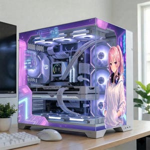 Anime Girl PC Case Skin – Static Cling Glass Skin – Tempered Glass Wrap – RGB Compatible – Cozy Gaming Setup Decor – Custom Size