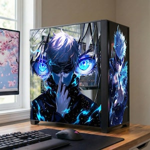 Skórka na szklany panel obudowy komputera Gojo Anime | Niestandardowa naklejka elektrostatyczna | Modyfikacja komputera do gier Infinite Void | Wielokrotnego użytku folia bez pozostałości