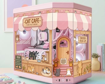 Cat Cafe PC Case Glass Skin - Kawaii Pink "Purr-fect Brews" Wrap for Hyte Y70 & Custom Cases - High-Quality Decal - Anime Gaming Aesthetic