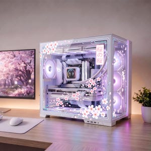 May include: A white computer case with a glass panel, adorned with cherry blossom decals and the Japanese text "桜の桜". The interior components are illuminated with purple lighting. A monitor displaying a cherry blossom tree is visible in the background.