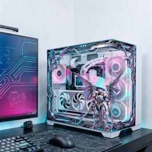 May include: A custom-built computer case with a white exterior and internal components illuminated by pink and blue LED lights. The case features dragon-themed decorative elements and a large monitor displaying a circuit board design.