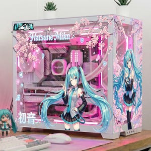 Sakura Virtual Idol PC-skal - Anpassad för alla PC - Teal Anime Girl & Cherry Blossom Gaming Setup Decor - Självhäftande - PC-skal