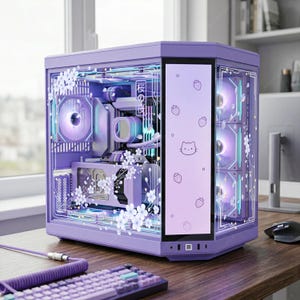 Op de afbeelding: Een op maat gemaakte computerkast in een zachte paarse tint, met interne componenten verlicht met blauwe en paarse lichten. De kast is versierd met witte bloemmotieven en een paneel met aardbei- en kattenafbeeldingen. Een bijpassend paars toetsenbord staat op de voorgrond.